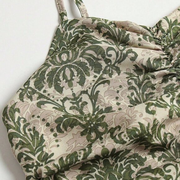 Multicolor Boho Women's Spaghetti Strap Leaf Print Ruffle Hem Maxi Slip Dress - Picture 7 of 7